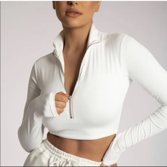 MESHKI mock zip crop top xs white worn - Picture 1 of 3